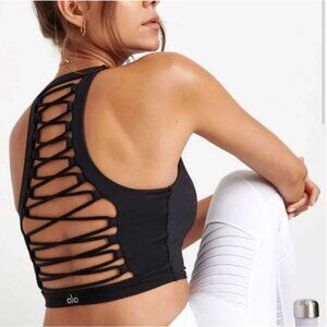 Alo Yoga Movement Sports Bra Longline Women's Size S Black Strappy Back